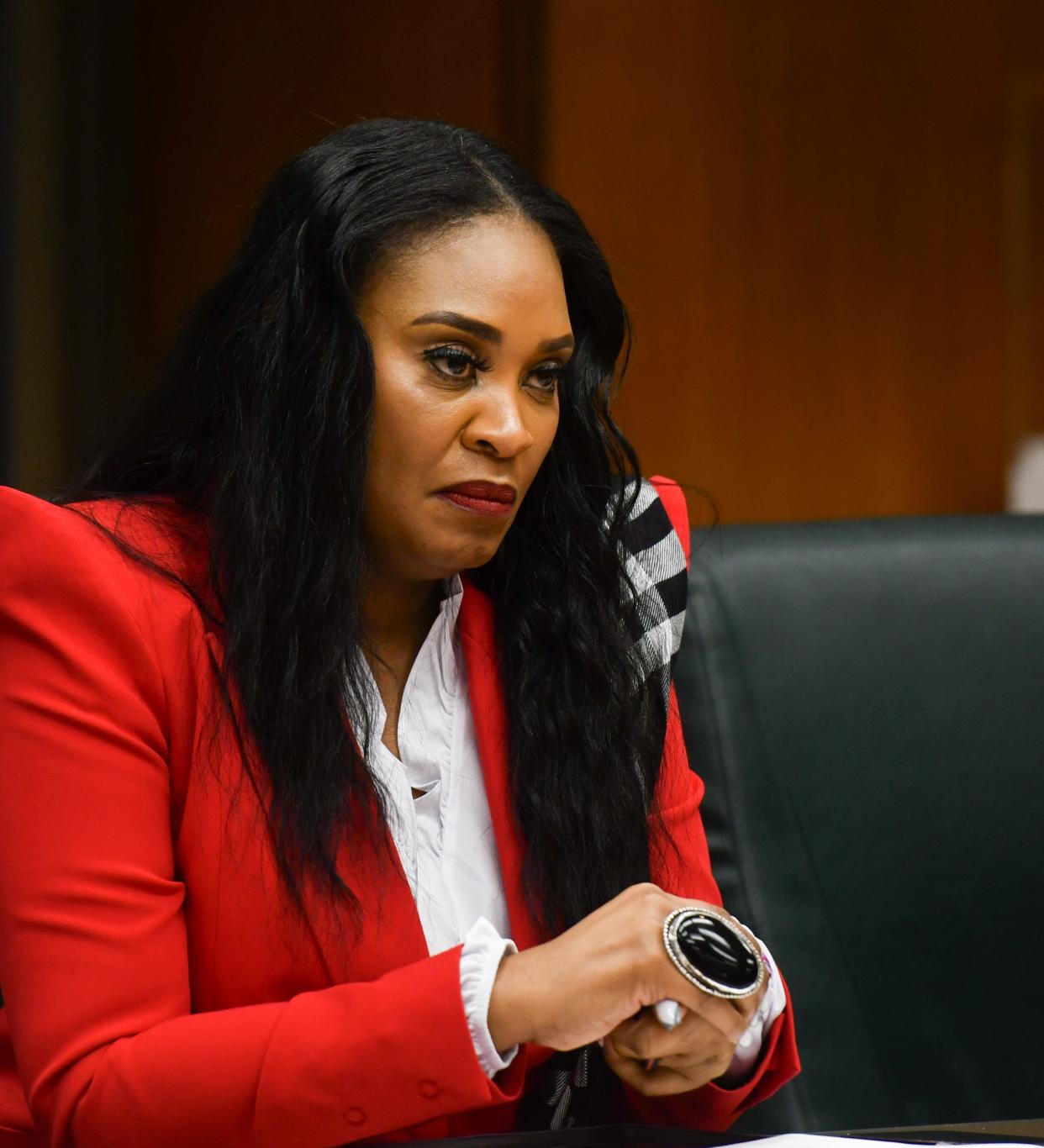 Michigan State University Board of Trustees Chairperson Rema Vassar looks on as a student addresses her, Friday, Oct. 27, 2023, during the MSU Board of Trustees meeting at the Hannah Administration Building.