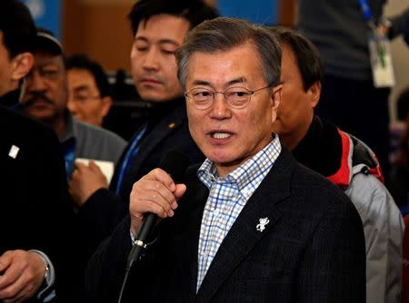 Feb 16, 2018; Pyeongchang, South Korea; South Korea president Jae-in Moon visit the Olympic Main Press Center. Mandatory Credit: Jerry Lai-USA TODAY Sports