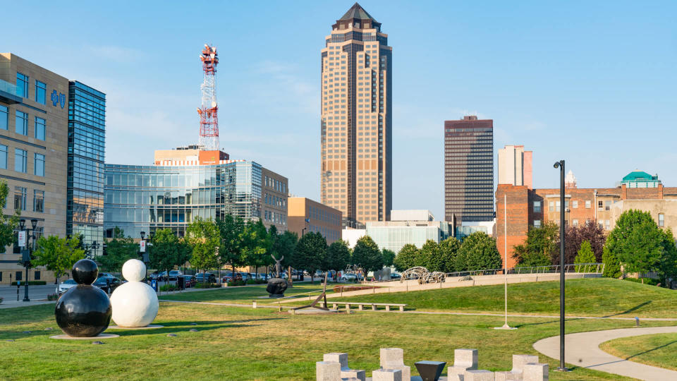 DES MOINES, IOWA - JULY 11, 2018: Des Moines, Iowa Skyline from the Pappajohn Sculpture Park.