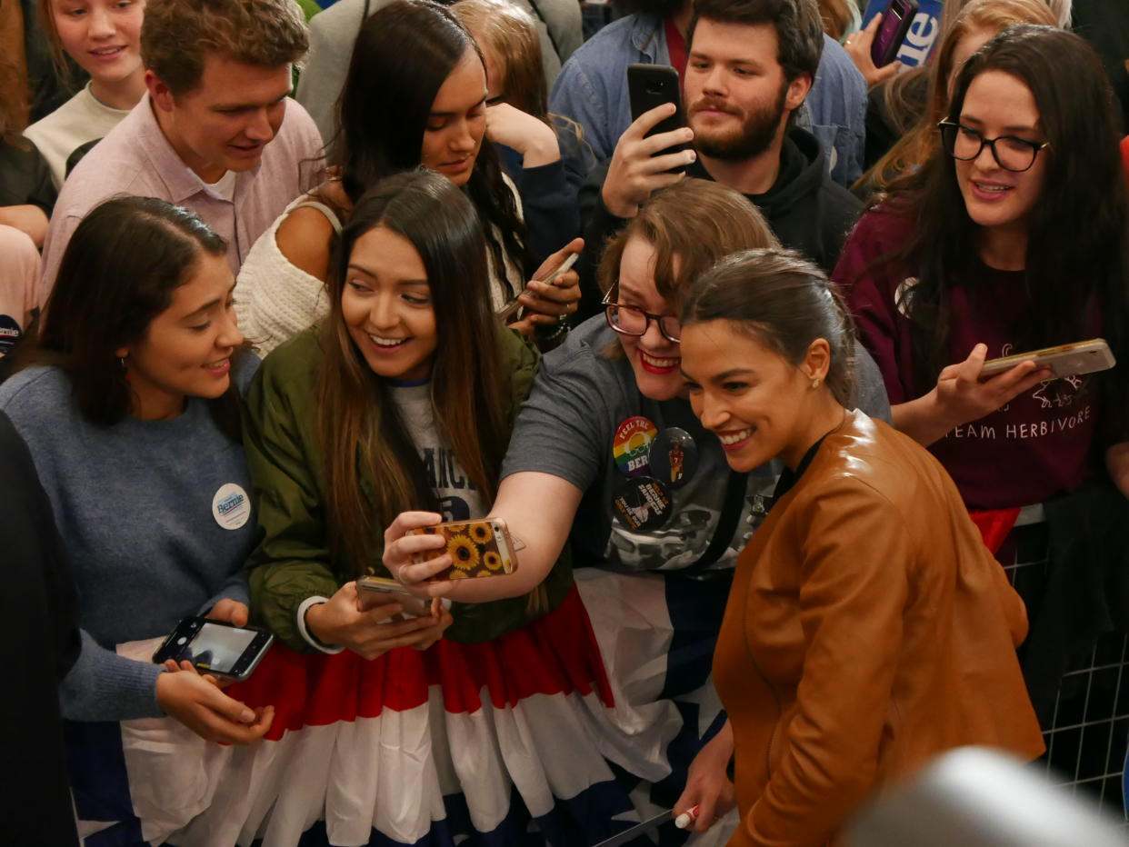 Rep. Alexandria Ocasio-Cortez, D-N.Y., greets supporters greets supporters on the campus of Iowa Western Community College in Council Bluffs, Iowa, Nov. 8, 2019.  (Photo: Hunter Walker/Yahoo News)