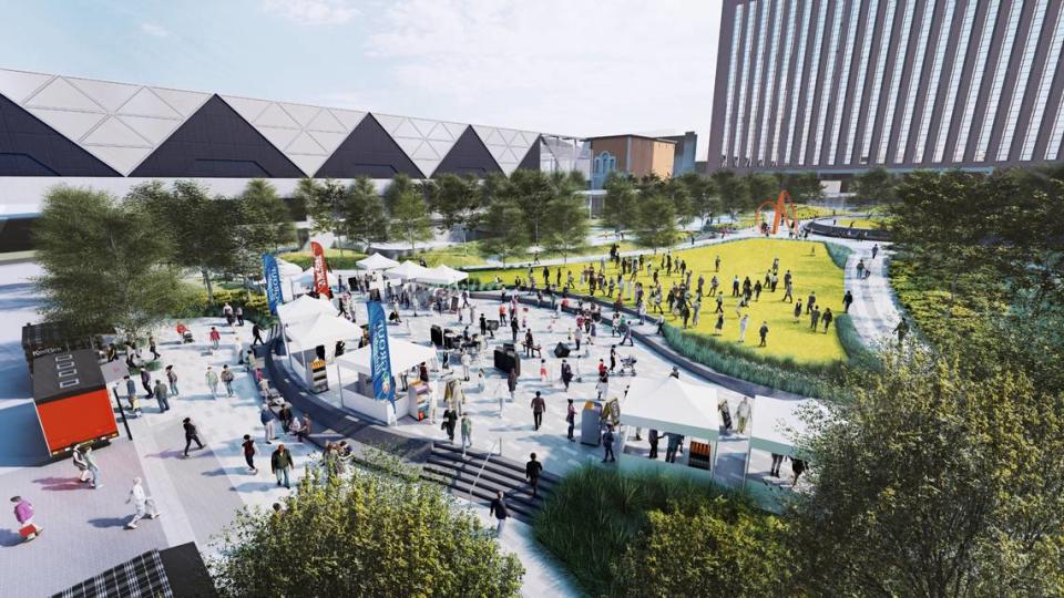 The Barney Allis Plaza is getting a makeover, set to be ready by the time Kansas City hosts FIFA World Cup matches in 2026. This artist’s rendering shows space for food and drink vendors and a lot more grass and trees than what the underused plaza has now.