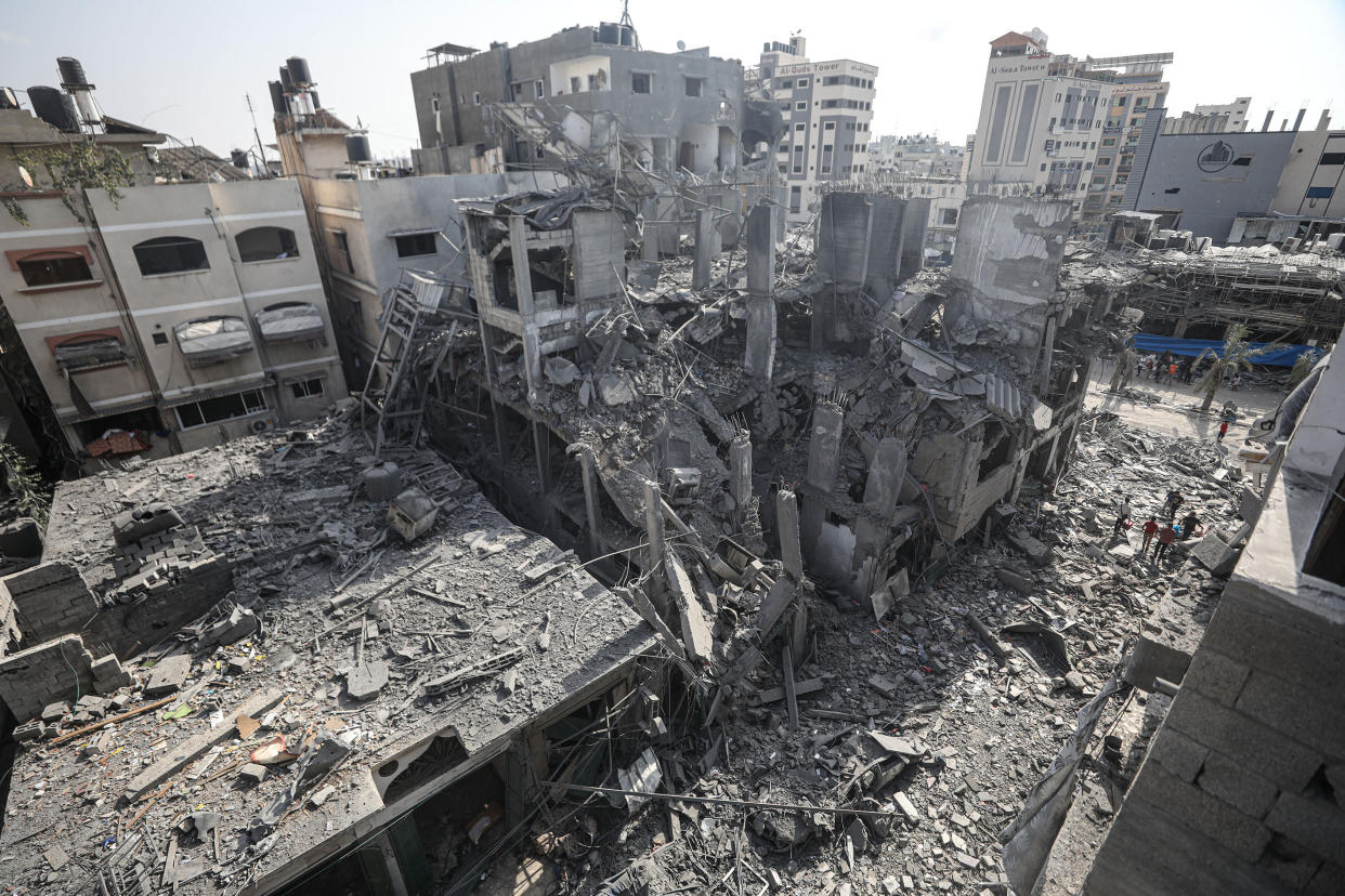 DEIR AL-BALAH, GAZA - OCTOBER 22: A view of destroyed buildings after the Israeli airstrike at Nuseirat Refugee Camp in Deir al-Balah, Gaza on October 22, 2023. (Photo by Mustafa Hassona/Anadolu via Getty Images)