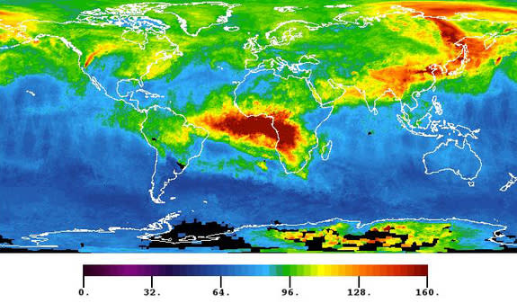 The plume of carbon monoxide pollution from the Rim Fire burning in and near Yosemite National Park, Calif., is visible in this Aug. 26, 2013 image from the Atmospheric Infrared Sounder (AIRS) instrument on NASA’s Aqua spacecraft.