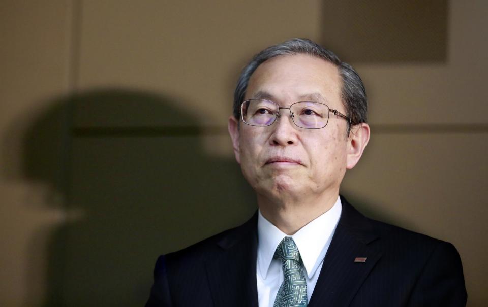 Toshiba Corp. President Satoshi Tsunakawa listens to a reporter's question during a press conference at the company's headquarters in Tokyo, Tuesday, Feb. 14, 2017. Japanese electronics and energy giant Toshiba said Tuesday that its chairman is resigning to take responsibility for problems that will result in a 713 billion yen ($6.3 billion) loss in its nuclear business. Toshiba warned, however, that unaudited financial results it announced may change "by a wide margin." It earlier delayed reporting its official financial results by a month, citing auditing problems related to the losses in its nuclear business. That sent Toshiba stock tumbling 8 percent in Tokyo trading. (AP Photo/Shizuo Kambayashi)