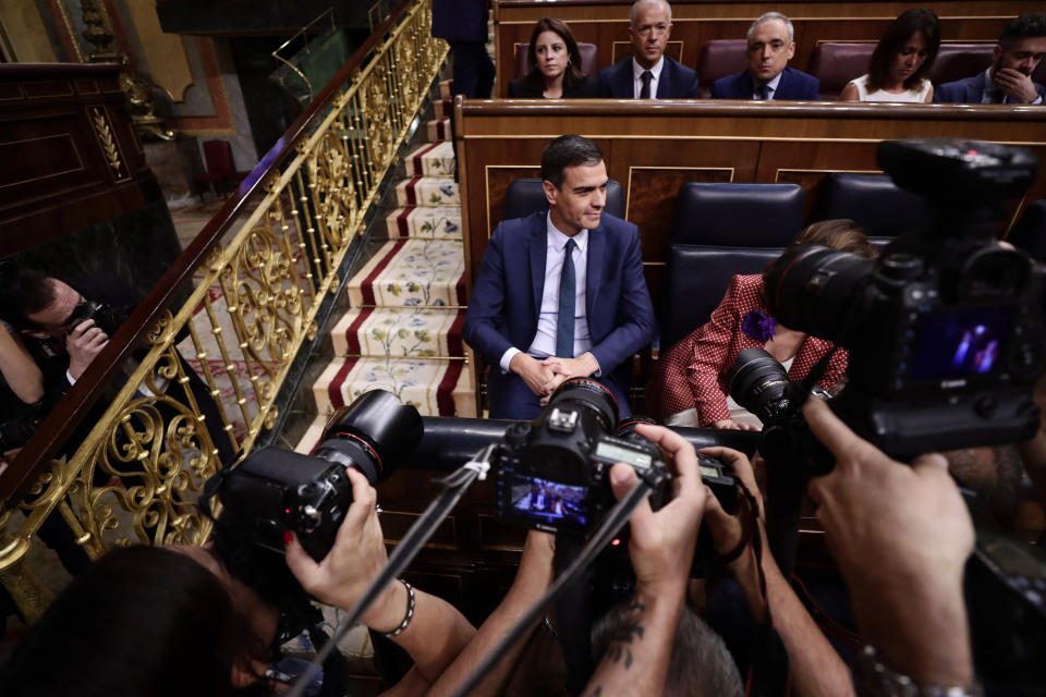 Spain's caretaker Prime Minister Pedro Sánchez speaks at the Spanish parliament in Madrid, Spain, Thursday, July 25, 2019. Caretaker Prime Minister Pedro Sánchez faces his second chance to win the endorsement of the Spanish Parliament to form a government this week. (AP Photo/Manu Fernandez)