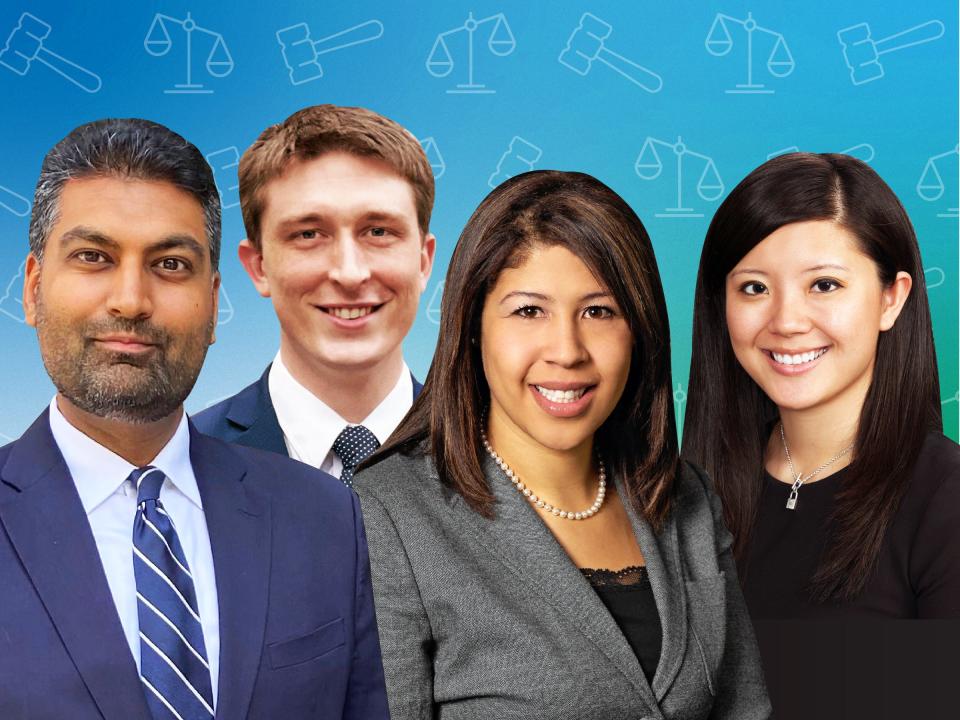 headshots of Hiral Mehta, Marissa Alter-Nelson, Parker Rider-Longmaid, and Betty Yang against a blue background with gavels and scales