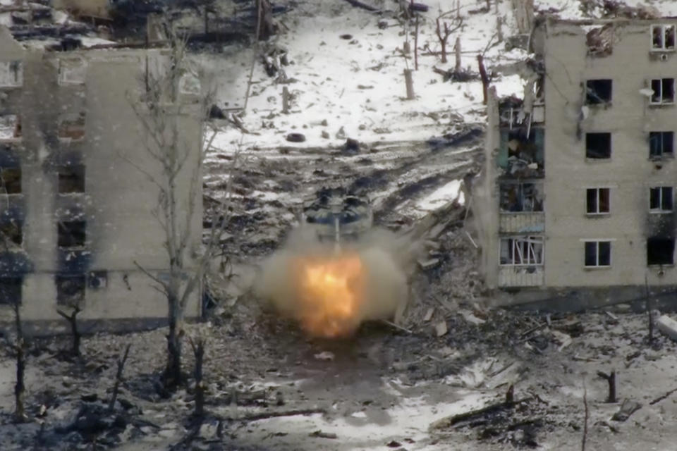 New video footage shot on Feb. 19, 2023 from the air with a drone for The Associated Press shows how particularly intense fighting since the Feb. 24, 2022, invasion has left no building in Marinka intact. Russian tank fire further added to the destruction, pounding what appeared to be Ukrainian positions amid the ruins. (AP Photo)