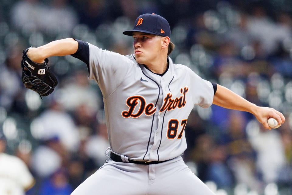 Tigers pitcher Tyler Holton throws a pitch during the seventh inning of the Tigers' 4-2 win over the Brewers on Monday, April 24, 2023, in Milwaukee.