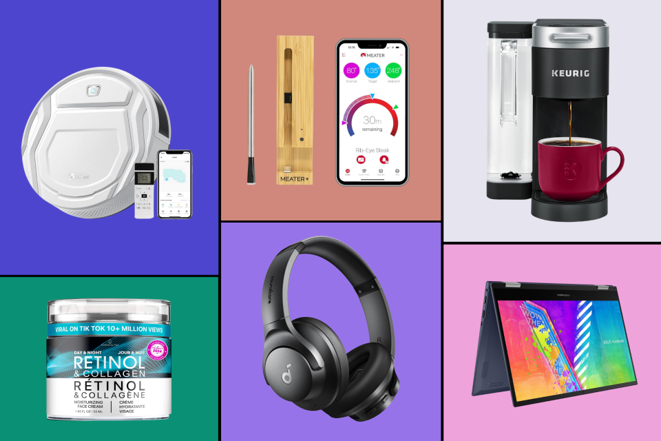 amazon deals, white robot vacuum, meater set, black keurig coffee, retinol neck cream, over-ear headphones, asus laptop, Best Amazon Canada deals to shop this week (Photos via Amazon)
