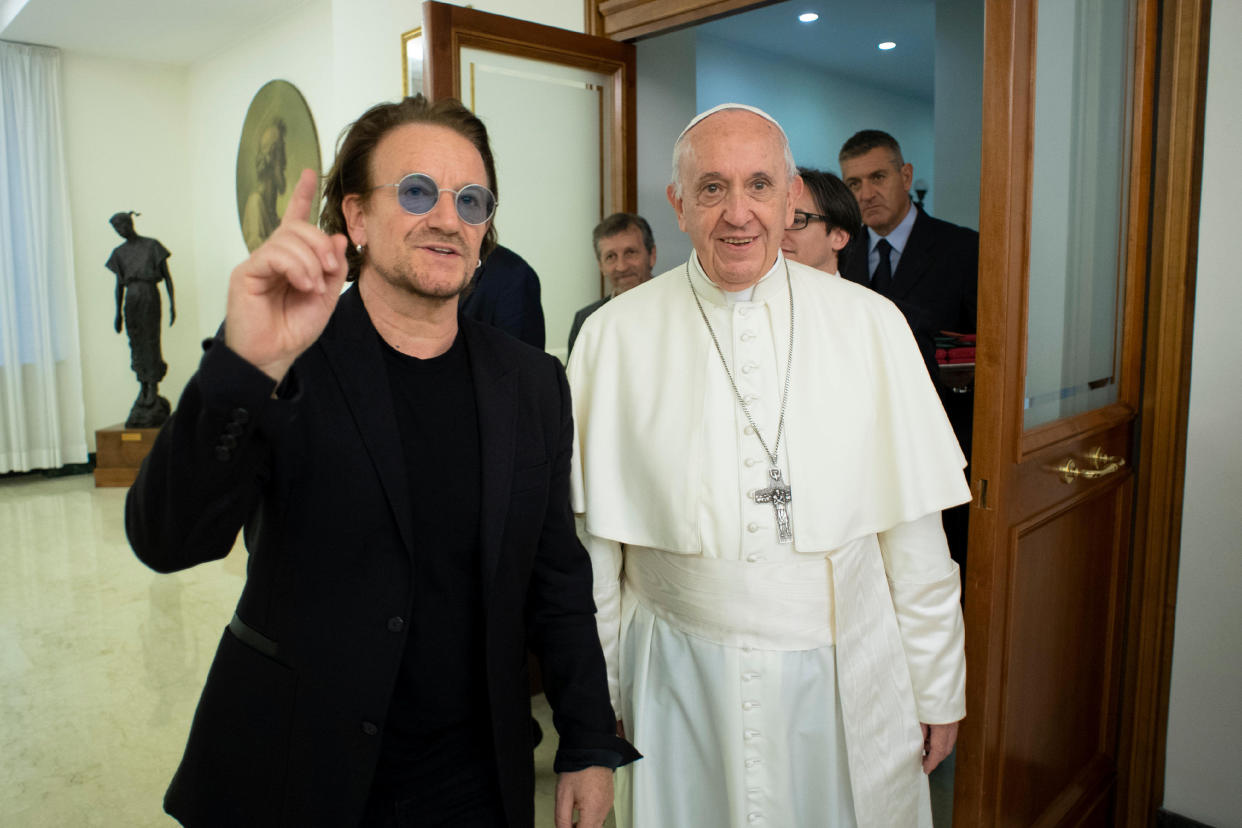 U2 frontman Bono met Pope Francis at the Vatican on Sept. 19. (Photo: Vatican Media / Reuters)