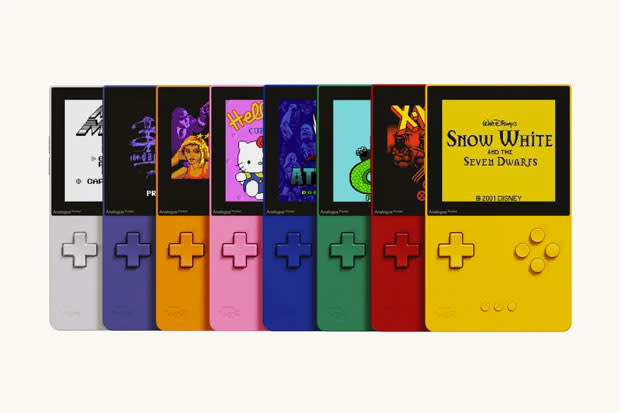 Promotional image for the Analogue Pocket Color in a variety of Game Boy-aping shades.