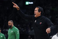 Miami Heat head coach Erik Spoelstra calls to his players while facing the Boston Celtics during the first half of Game 4 of the NBA basketball playoffs Eastern Conference finals, Monday, May 23, 2022, in Boston. (AP Photo/Charles Krupa)