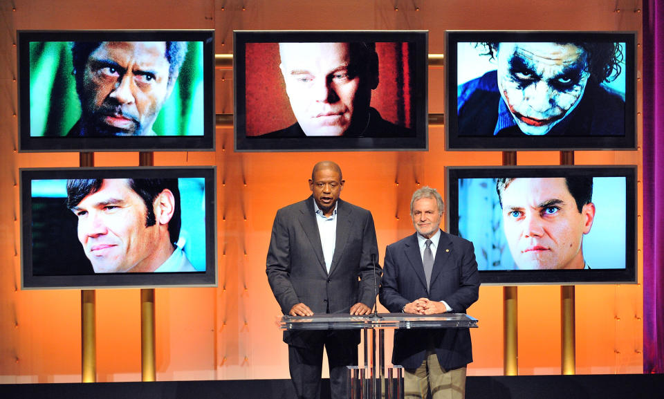 LOS ANGELES, CA - JANUARY 22:  Actor Forest Whitaker (L) and Academy of Motion Picture Arts and Sciences President Sid Ganis announce the nominations for the Best Performance by an Actor in a Supporting Role, Josh Brolin for 'Milk', Robert Downey Jr. for 'Tropic Thunder', Philip Seymour Hoffman for'Doubt', Heath Ledger for 'The Dark Knight' and Michael Shannon for 'Revolutionary Road' during the 81st Academy Awards Nomination Announcement held at the Samuel Goldwyn Theater on January 22, 2008 in Beverly Hills, California.  (Photo by Jon Kopaloff/FilmMagic) 