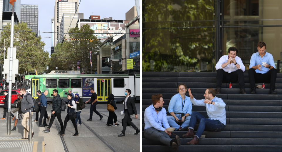 Australian workers going to the office and eating lunch.