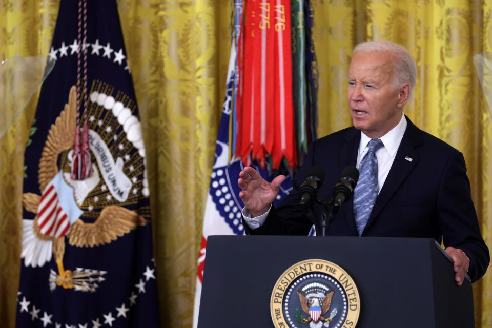 President Joe Biden reads from a teleprompter as he speaks during a Medal of Honor ceremony in the East Room of the White House on July 03, 2024 in Washington, DC.