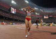 Aug 29, 2015; Beijing, China; Marina Arzamasova (BLR) celebrates after winning the womens 800m in 1:58.03 during the IAAF World Championships in Athletics at National Stadium. Mandatory Credit: Kirby Lee-USA TODAY Sports