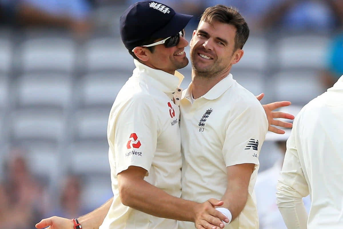 James Anderson, right, got the better of former England team-mate Alastair Cook at Chelmsford (Nigel French/PA) (PA Archive)