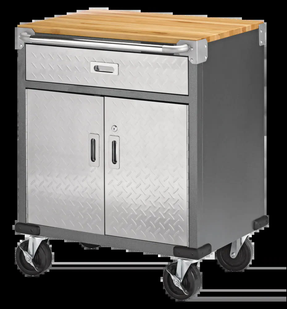 Mastercraft Wooden Top Base Storage Cabinet with Wheels. Image via Canadian Tire.