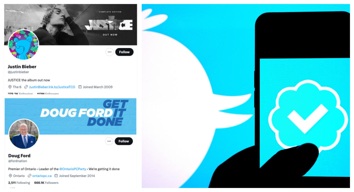 (top left) Doug Ford's Twitter account. (bottom left) Justin Bieber's Twitter account. (right) Twitter bird next to a phone with the Twitter Blue status.