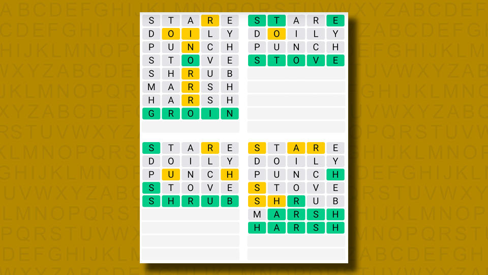 Quordle answers for game 880 on a yellow background