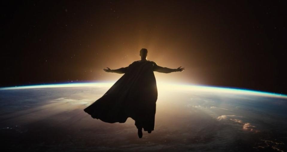 Superman in Earth's stratosphere with the sun in front of him in "Zack Snyder's Justice League"