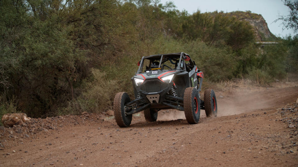 A Polaris RZR Pro R side-by-side travels off-road in Baja California, Mexico.