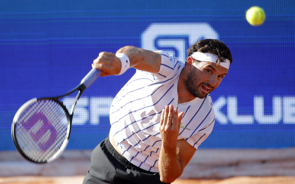 Grigor Dimitrov serves to Dominic Thiem during their match at the Adria Tour in Belgrade, Serbia on June 14, 2020. (Photo by Predrag Milosavljevic/Xinhua via Getty)