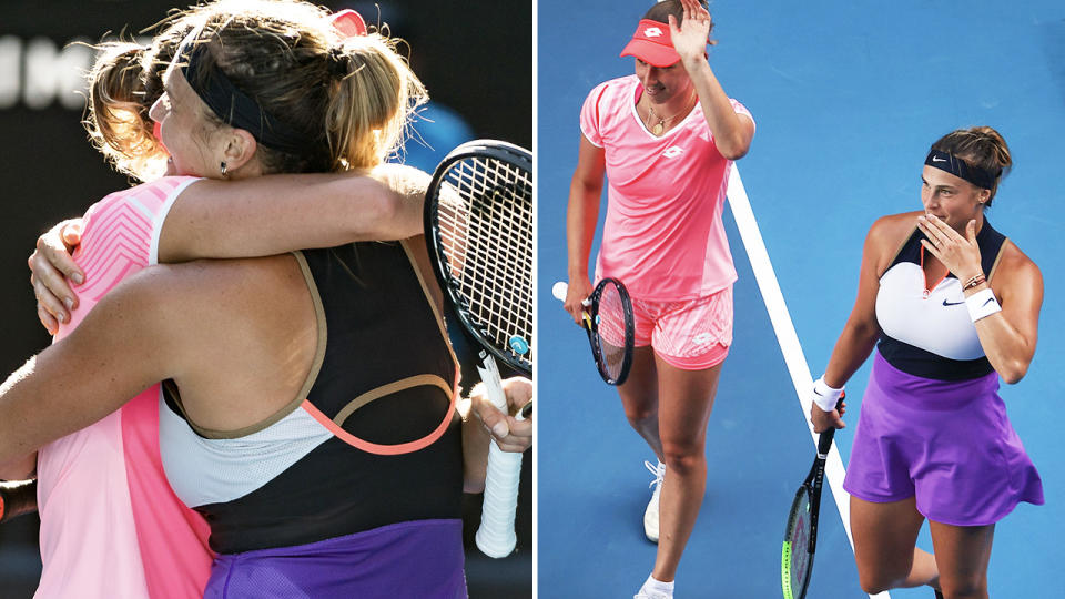 Elise Mertens and Aryna Sabalenka, pictured here celebrating their victory in the Australian Open doubles final.