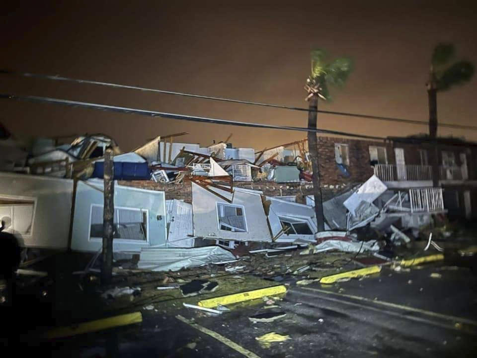 This photo provided by Bay County Sheriff's Office shows storm damage around around Panama City Beach, Fla., in Bay County, early Tuesday, Jan. 9, 2024. A sprawling storm has hit the South with strong thunderstorms and tornado warnings that blew roofs off homes and tossed about furniture in the Florida Panhandle and brought cities across the Midwest to a standstill with more than half of foot of snow. (Bay County Sheriff's Office via AP)