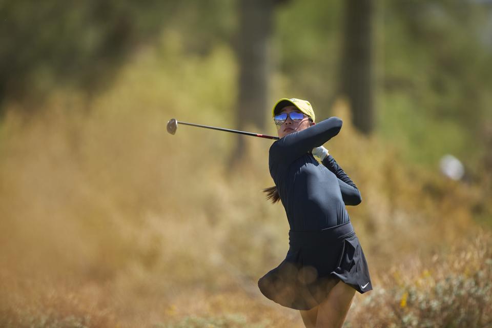 May 23, 2022; Scottsdale, Arizona, USA; Tze-Han Lin of Oregon tees off on the 9th hole during round four of the NCAA Division 1 Women’s Golf Championships at Grayhawk Golf Club.