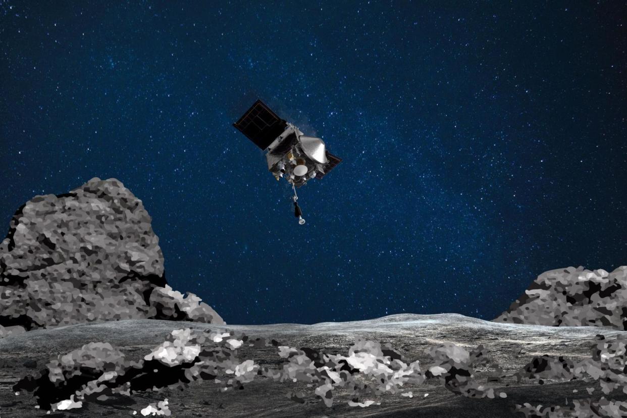 an artist's rendering of the OSIRIS-REx spacecraft descending towards asteroid Bennu: NASA/Goddard/Arizona State Unive