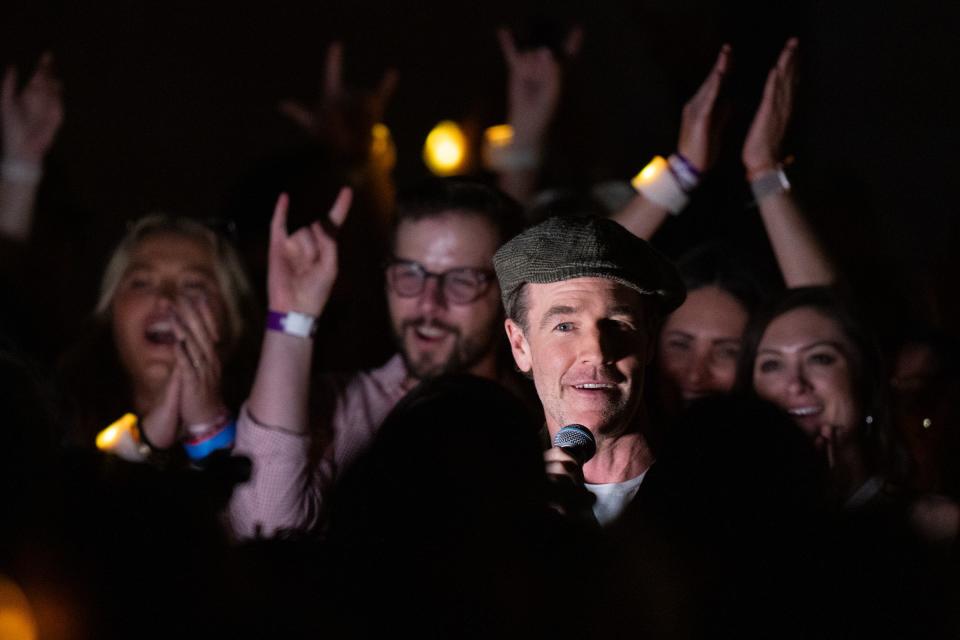 Actor James Van Der Beek introduces Kelsea Ballerini before she performs at the CMT Awards concert in front of the University of Texas Tower on Wednesday, April 3, 2024.