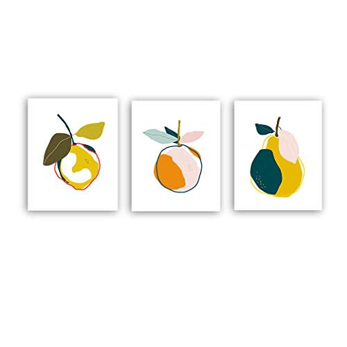 XUN Colorful Fruit Art Print-- Abstract Orange Pear Lemon Botanical Canvas Wall Art--(8”X10”X3 pieces, Unframed)--Perfect for Kids Room Kitchen Decoration