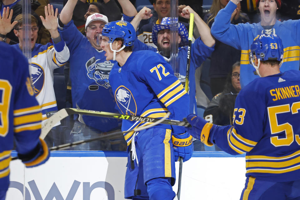 Buffalo Sabres right wing Tage Thompson (72) celebrates his goal during the first period of the team's NHL hockey game against the Vegas Golden Knights, Thursday, Nov. 10, 2022, in Buffalo, N.Y. (AP Photo/Jeffrey T. Barnes)