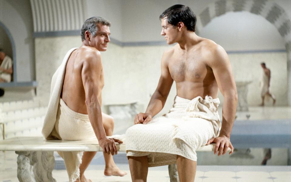 'A common touch which Crassus never found': Laurence Olivier as Crassus, and John Gavin as Julius Caesar in Spartacus, 1960 - Silver Screen Collection/Getty Images