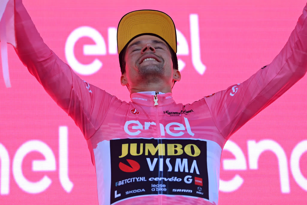  MONTE LUSSARI ITALY  MAY 27 Primo Rogli of Slovenia and Team JumboVisma celebrates at podium as Pink Leader Jersey winner during the 106th Giro dItalia 2023 Stage 20 a 186km individual climbing time trial stage from Tarvisio 750m to Monte Lussari 1744m  UCIWT  on May 27 2023 in Monte Lussari Italy Photo by Tim de WaeleGetty Images 