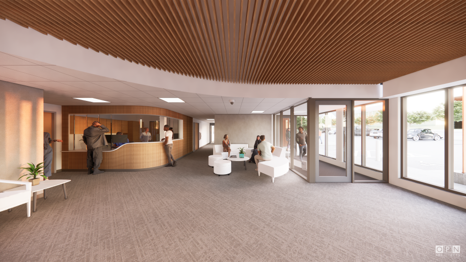 Renderings provide a glimpse of the Polk County Life Service Center, a resource hub for people seeking treatment for alcoholism and mental health services, slated to open in late 2024 at 1914 Carpenter Ave. in Des Moines.