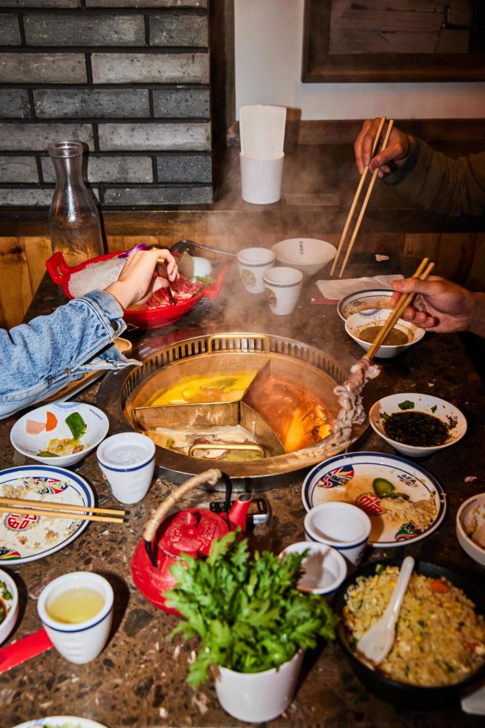 The spread at hot pot restaurant Xiaolongkan in Alhambra.