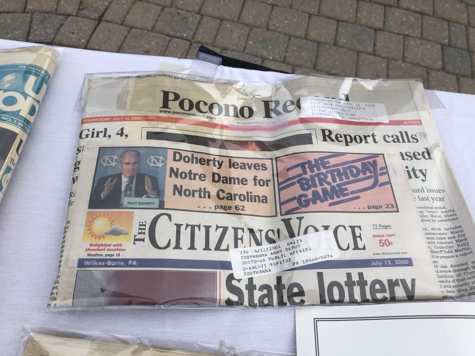 Copies of the Pocono Record and the Citizens' Voice from July 12, 2000, were included in the Tobyhanna Army Depot time capsule that was opened on Tuesday, May 24, 2022.
(Photo: KATHRYNE RUBRIGHT)