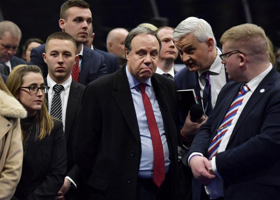 The DUP’s Westminster leader, Nigel Dodds, reacts after losing his seat.