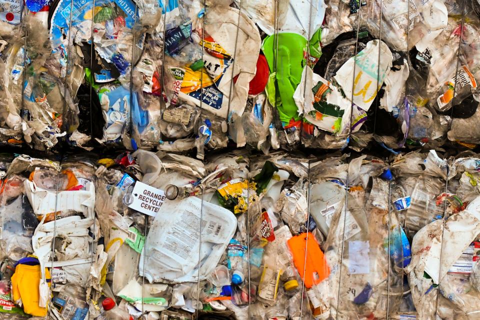 Compressed plastic bound in bales at Granger Recycling Center in Lansing. u0022We're trying to promote recycling instead of building new landfills,u0022 says Margie Ring, a landfill engineer with the Michigan Department of Environment, Great Lakes, and Energy.