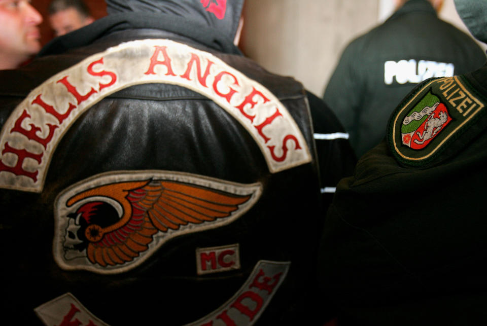 A feature of a member of the biker group 'Hells Angels' outside the district court on January 9,2008 in Muenster, Germany. (Photo by Martin Rose/Getty Images)