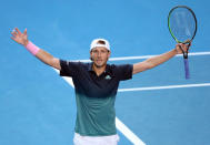 Tennis - Australian Open - Quarter-final - Melbourne Park, Melbourne, Australia, January 23, 2019. France's Lucas Pouille celebrates after winning the match against Canada's Milos Raonic. REUTERS/Lucy Nicholson