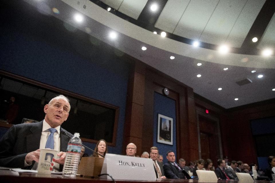 Homeland Security Secretary John Kelly testifies on Capitol Hill in Washington, Tuesday, Feb. 7, 2017, before the House Homeland Security Committee. This is Kelly's first public appearance before lawmakers who are sure to press him for details about the Trump administration's contentious rollout of a travel and refugee ban. (AP Photo/Andrew Harnik)