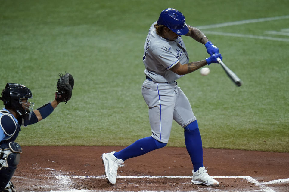 Kansas City Royals' Adalberto Mondesi strikes out against Tampa Bay Rays starting pitcher Rich Hill during the third inning of a baseball game Tuesday, May 25, 2021, in St. Petersburg, Fla. (AP Photo/Chris O'Meara)