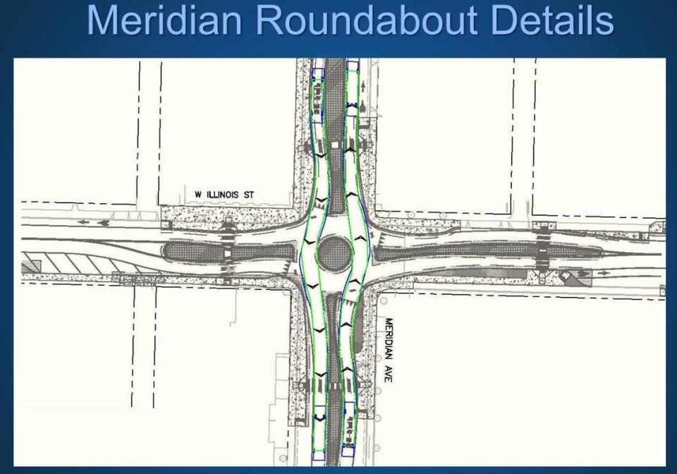 A drawing shows the roundabout that will replace a traffic signal at Meridian and West Illinois streets.