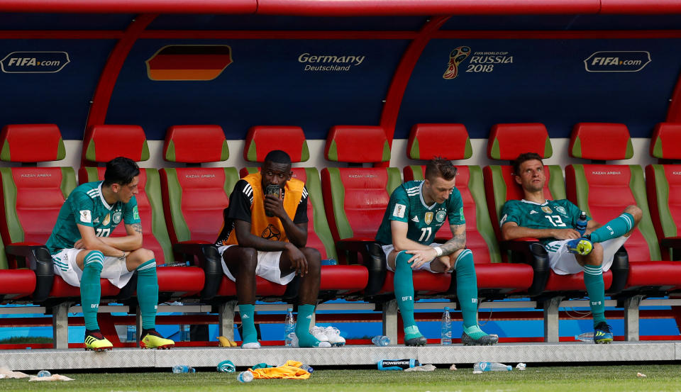 Germany’s Mesut Ozil, Antonio Rudiger, Marco Reus and Thomas Muller look dejected after the match as they go out of the World Cup. (Reuters)