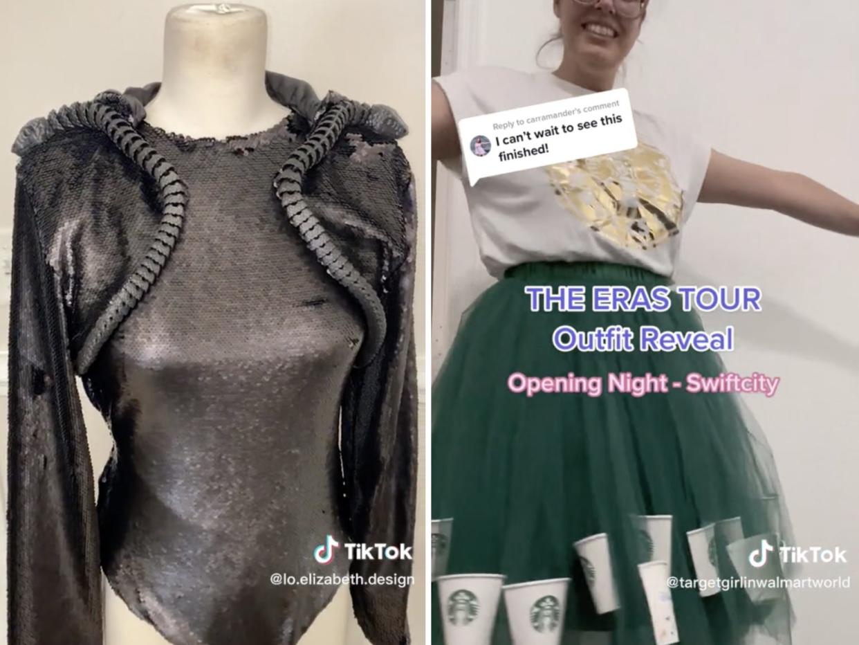 TikTok screenshots of a black sequin jacket and bodysuit, and a green skirt made out of Starbucks cups.