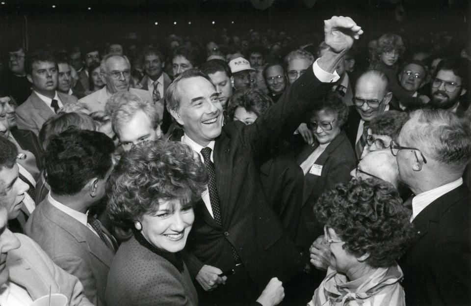 Nov. 10, 1987: Bob Dole and his wife, Elizabeth Dole, worked their way through a crowd of about 2,000 at the Russell Veterans of Foreign Wars post Sunday night during a pre-announcement party. The party ended a day of church services and visits with friends of Dole's hometown.