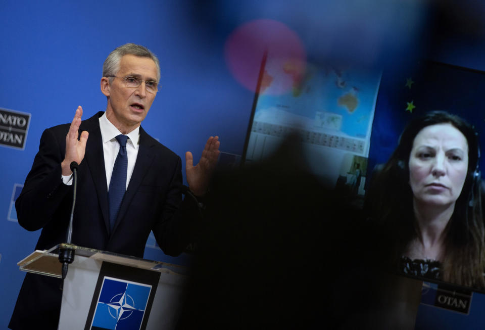 NATO Secretary General Jens Stoltenberg speaks during a media conference, after a meeting of NATO defense ministers in video format, at NATO headquarters in Brussels on Thursday, Feb. 18, 2021. (AP Photo/Virginia Mayo, Pool)